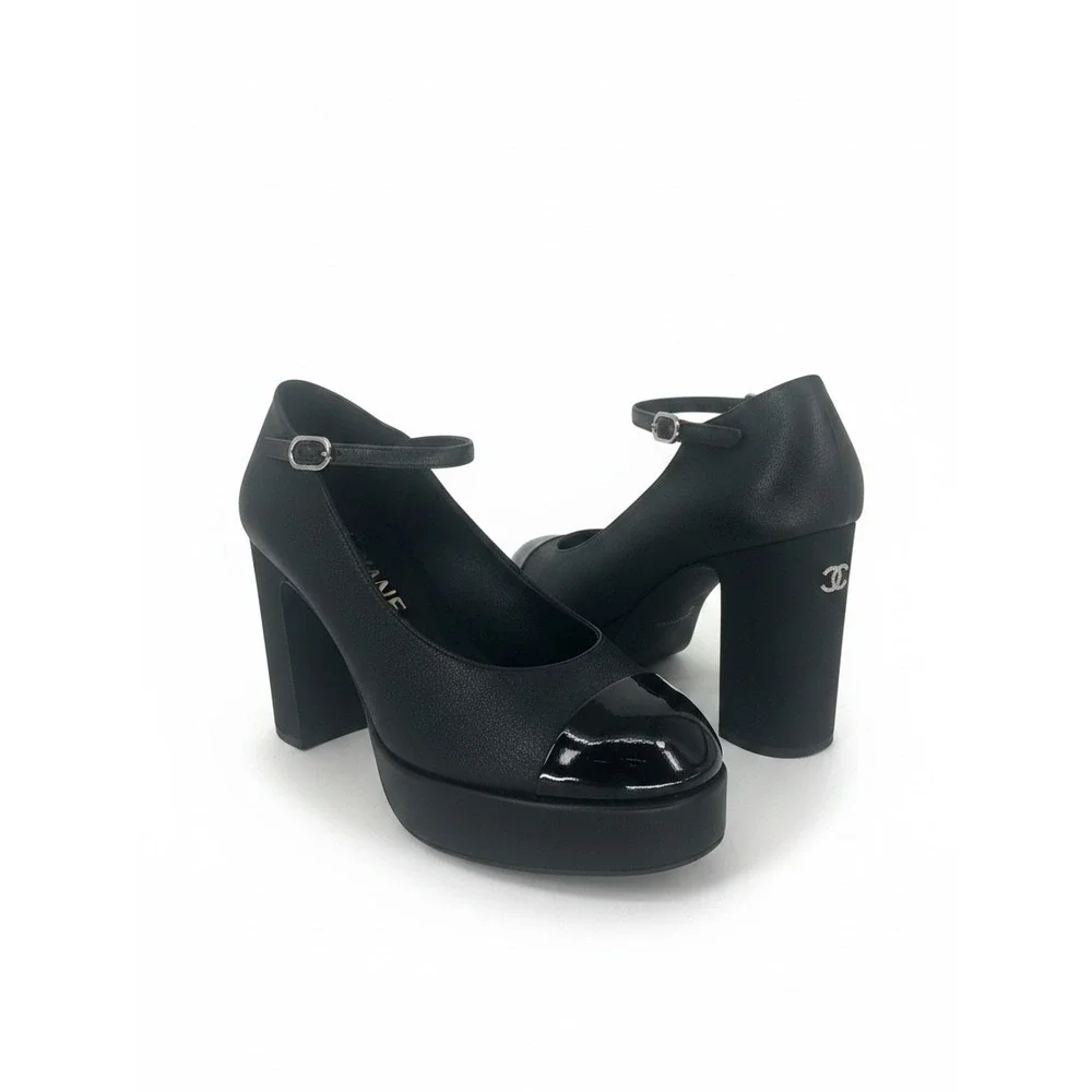 Chanel Pearl CC Cap Toe Platform Mary Jane Pumps Black Leather Size 36